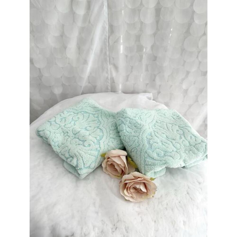 VTG 70s Hand Towels Fleur De Lis Tiffany Aqua Blue Set Of 2 USA Cotton 18 X36”